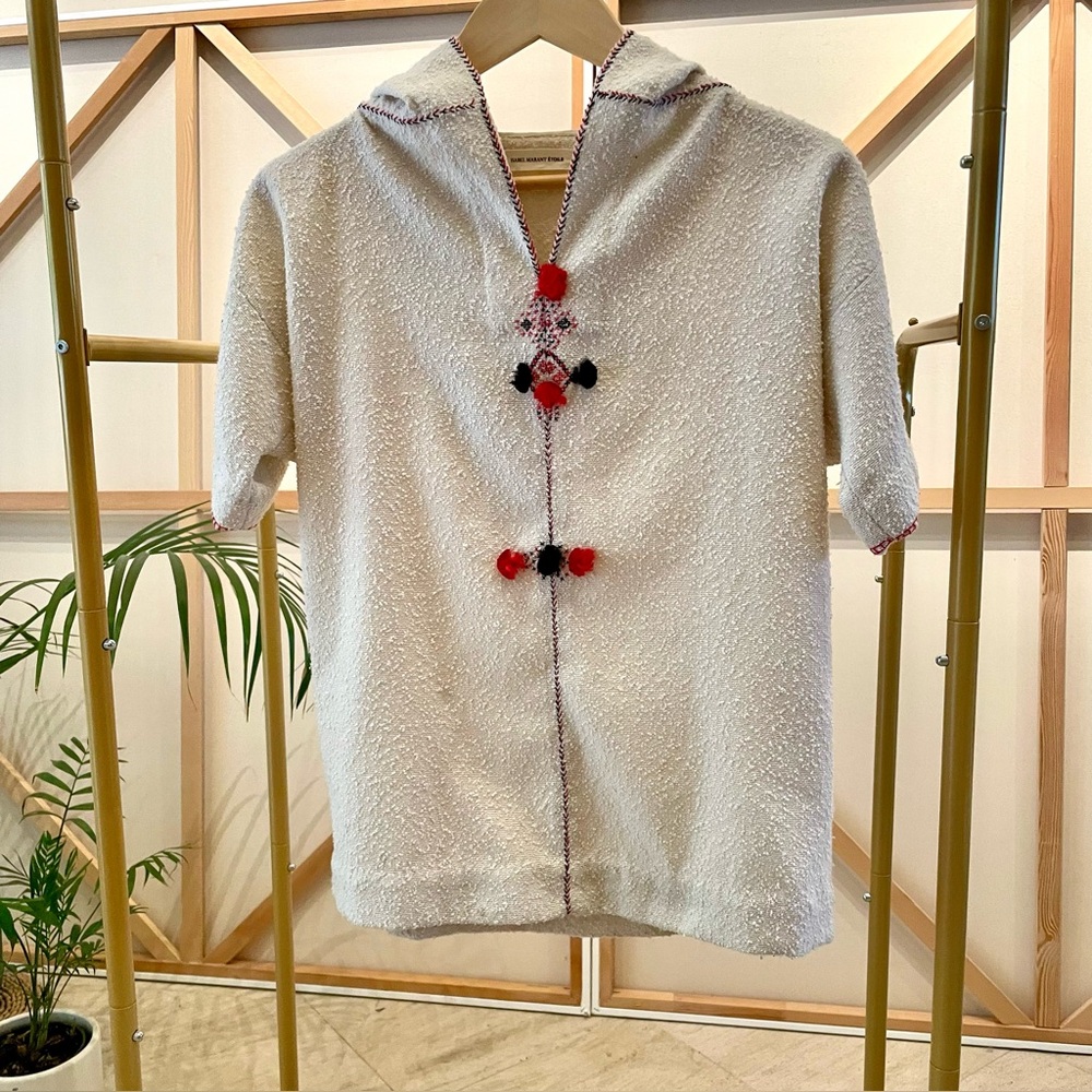 Isabel Marant Etoile Cream Hooded Short-Sleeve Bouclé Top with Pom Detail